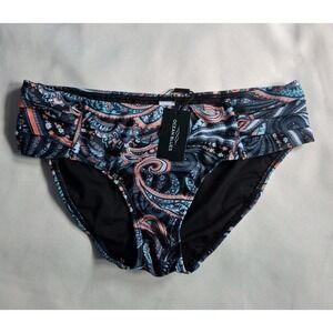 Ocean Blues Strappy Bikini Bottom Full Coverage Leaf Print Navy Orange Sz Small